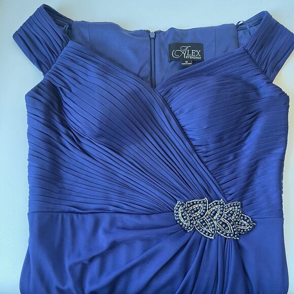 ALEX EVENINGS Off Shoulder Full Length Dress Sz 10 Navy Bling Ruching Dark Fairy - Picture 12 of 15